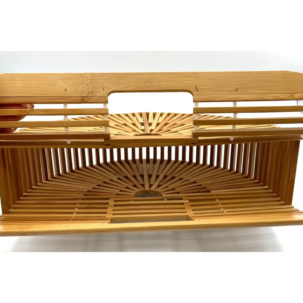 Vintage Bamboo Ark Bag Half Moon Slat Cage Purse Sunburst Boho 70s 80s